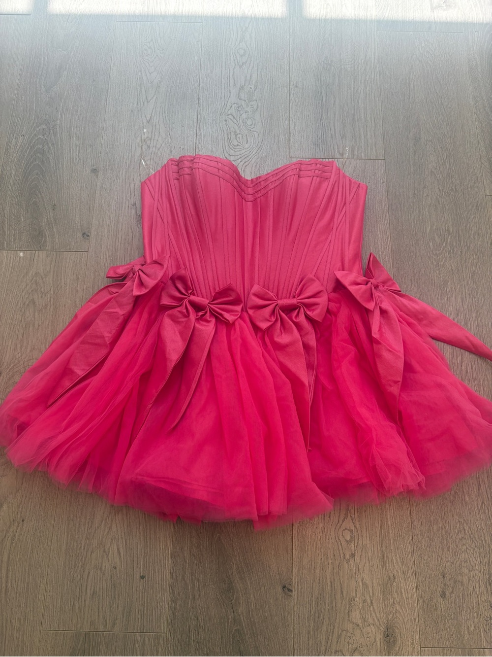 Woman’s Strapless Pink Tulle Party Dress with Bows and adjustable tie bustier